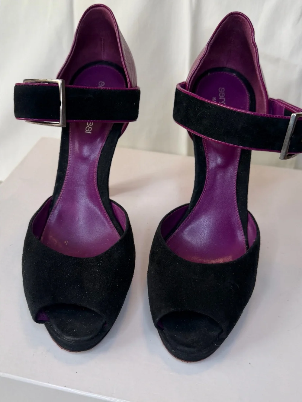 Sergio Rossi Black Suede Peep-Toe Heels with Purple Leather Insole